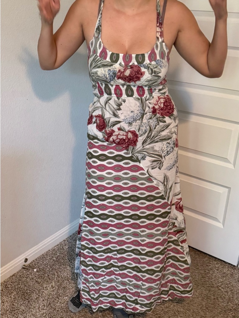 Sacred Threads Boho Cotton Maxi Dress – M, Floral Patchwork Print, India-Made